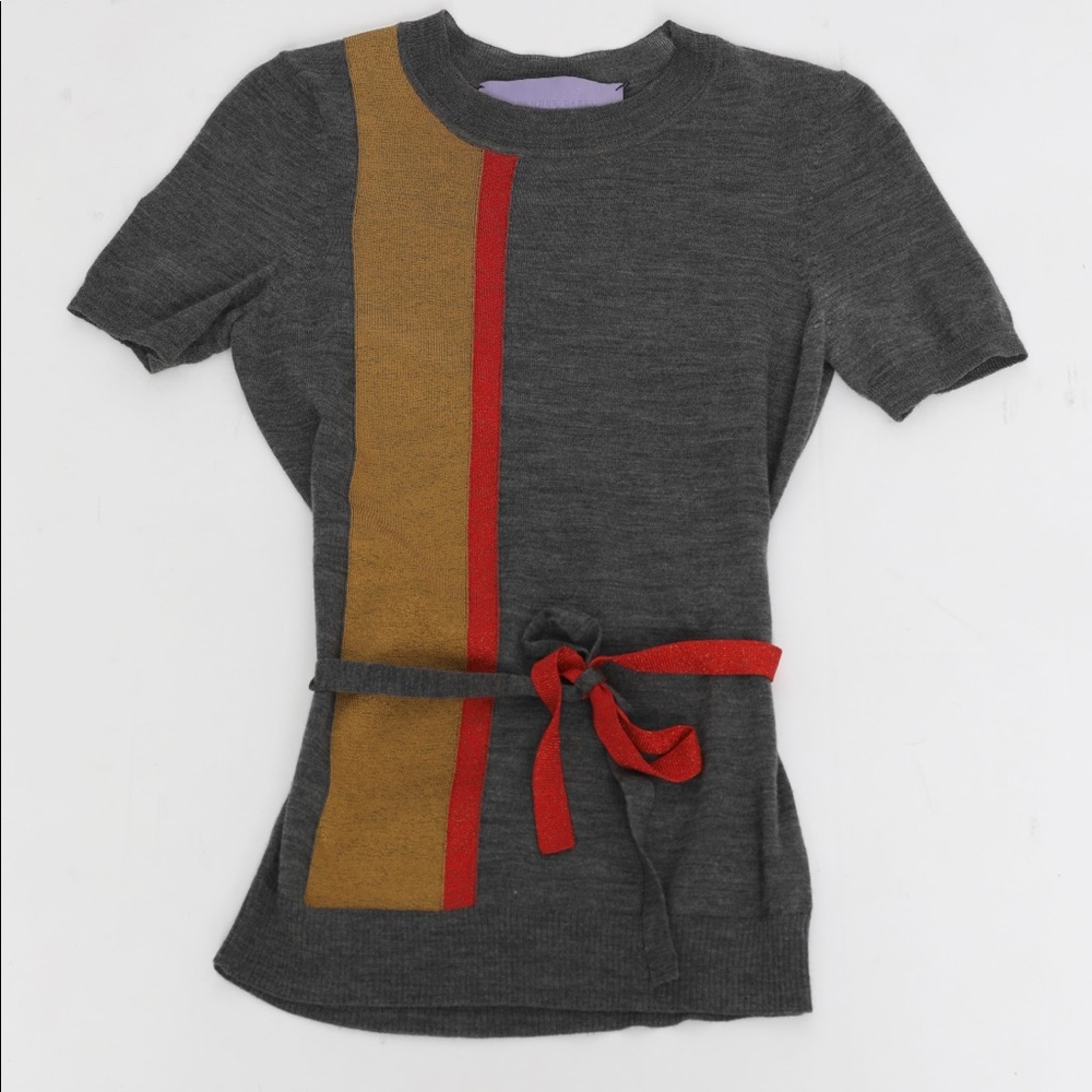 Vera Wang gray tie waist short sleeve top